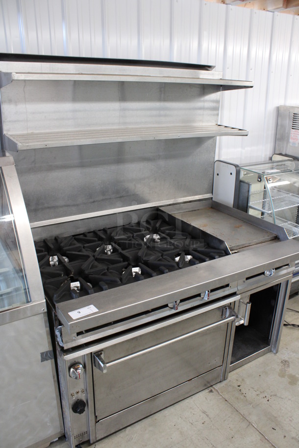 Stainless Steel Commercial Natural Gas Powered 6 Burner Range w/ Right Side Flat Top Griddle, Oven, Under Shelf and 2 Tier Over Shelves. 54x38.5x67 - Image 3 of 12