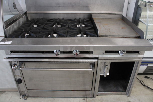 Stainless Steel Commercial Natural Gas Powered 6 Burner Range w/ Right Side Flat Top Griddle, Oven, Under Shelf and 2 Tier Over Shelves. 54x38.5x67 - Image 4 of 12