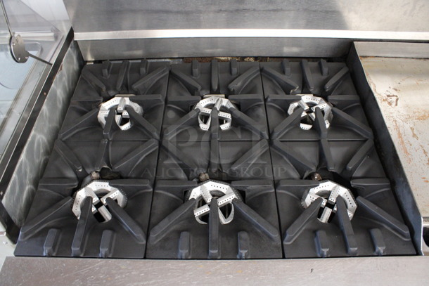 Stainless Steel Commercial Natural Gas Powered 6 Burner Range w/ Right Side Flat Top Griddle, Oven, Under Shelf and 2 Tier Over Shelves. 54x38.5x67 - Image 5 of 12