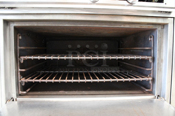 Stainless Steel Commercial Natural Gas Powered 6 Burner Range w/ Right Side Flat Top Griddle, Oven, Under Shelf and 2 Tier Over Shelves. 54x38.5x67 - Image 8 of 12