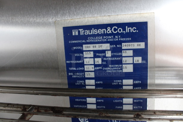 Traulsen Model URS 48 DT Stainless Steel Commercial Cooler w/ 2 Doors, 3 Drawers and Metal Racks on Commercial Casters. 115 Volts, 1 Phase. 48x28x81. Tested and Powers On But Does Not Get Cold - Image 6 of 8