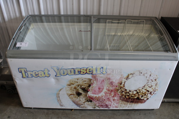 AHT Model RIO S150 Metal Commercial Chest Novelty Ice Cream Freezer Cabinet w/ 2 Sliding Lids on Commercial Casters. 115 Volts, 1 Phase. 58.5x25.5x34.5. Tested and Powers On But Does Not Get Cold