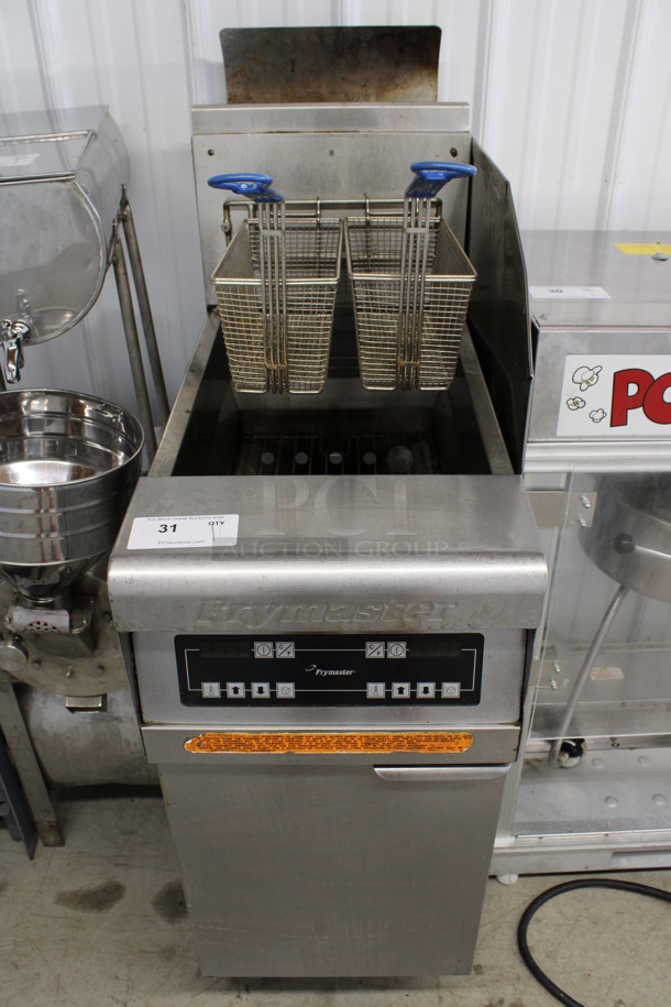 Frymaster Model PMJ145ESC Stainless Steel Commercial Floor Style Natural Gas Powered Deep Fat Fryer w/ 2 Metal Fry Baskets. 122,000 BTU. 16x31.5x52