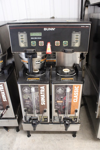 2011 Bunn Model DUAL SH DBC Stainless Steel Commercial Countertop Dual Coffee Machine w/ Hot Water Dispenser, Stainless Steel Brew Basket and 2 Bunn Model SH SERVER Satellite Servers. 120/208-240 Volts, 1 Phase. 18x24x36. Tested and Working!