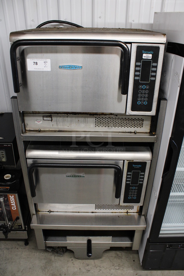 2 FANTASTIC! 2012/2015 Turbochef Model NGCD6 Tornado Stainless Steel Commercial Countertop Electric Powered Rapid Cook Ovens on Stainless Steel Commercial 2 Tier Equipment Stand w/ Rapid Oven Paddle on Commercial Casters. 208/240 Volts, 1 Phase. 30x30x60. 2 Times Your Bid! Tested and Working! 