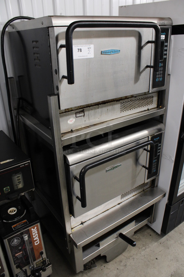 2 FANTASTIC! 2012/2015 Turbochef Model NGCD6 Tornado Stainless Steel Commercial Countertop Electric Powered Rapid Cook Ovens on Stainless Steel Commercial 2 Tier Equipment Stand w/ Rapid Oven Paddle on Commercial Casters. 208/240 Volts, 1 Phase. 30x30x60. 2 Times Your Bid! Tested and Working!  - Image 2 of 10