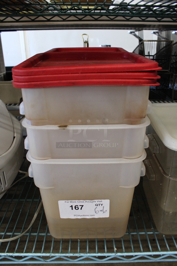 6 Clear Poly Bins w/ 6 Red Lids. 9x9x9. 6 Times Your Bid!