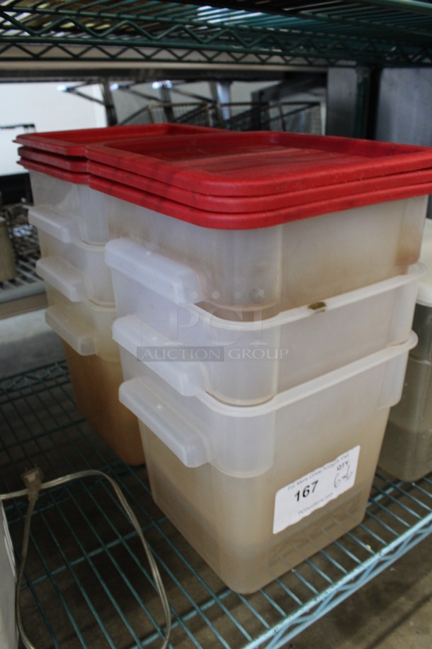 6 Clear Poly Bins w/ 6 Red Lids. 9x9x9. 6 Times Your Bid! - Image 2 of 3