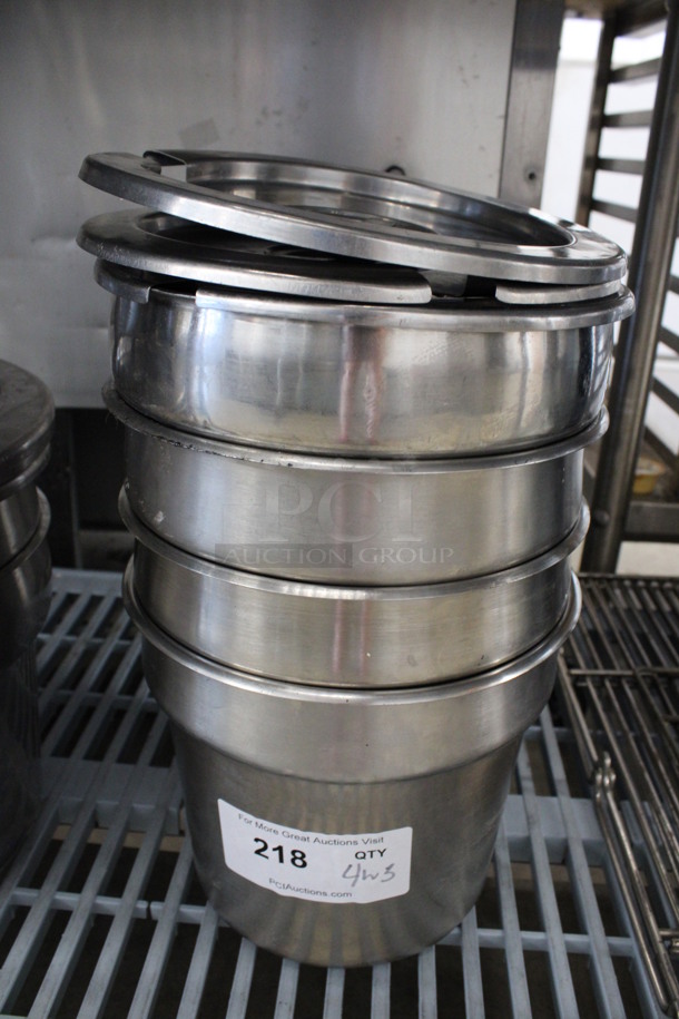 4 Stainless Steel Cylindrical Drop In Bins w/ 3 Lids. 9.5x9.5x8. 4 Times Your Bid!