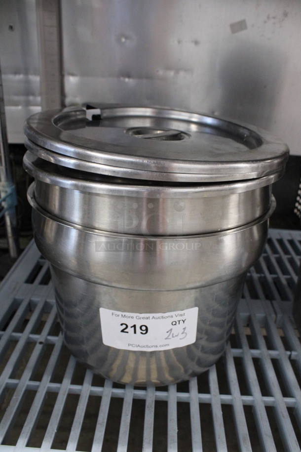 2 Stainless Steel Cylindrical Drop In Bins w/ 3 Lids. 11x11x8. 2 Times Your Bid!