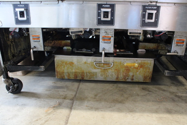 Henny Penny Model OFG-323 Stainless Steel Commercial Propane Gas Powered 3 Bay Deep Fat Fryer w/ Filtration System on Commercial Casters. 255,000 BTU. 49.5x33.5x45 - Image 8 of 8