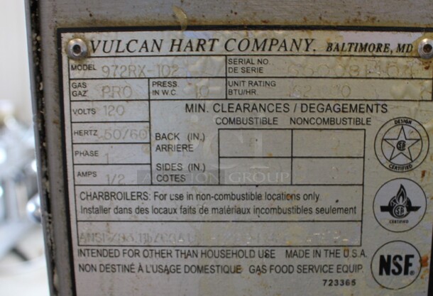 Vulcan Hart Model 972RX-102 Stainless Steel Commercial Countertop Propane Gas Powered Flat Top Griddle w/ Thermostatic Controls on Stainless Steel Equipment Stand w/ Commercial Casters. 162,000 BTU. 72x33x39 - Image 6 of 7