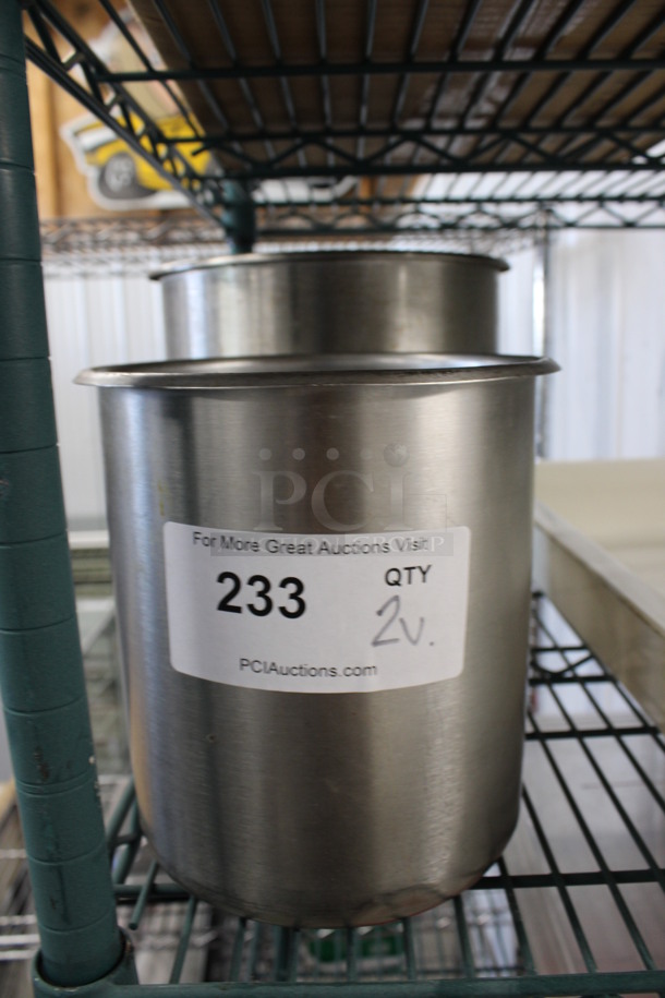 2 Various Stainless Steel Cylindrical Drop In Bins. 7x7x7.5, 8.5x8.5x10. 2 Times Your Bid!