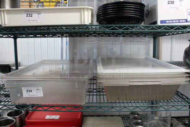 3 Various Clear Bins w/ 4 Lids. 18x26x5, 18x26x6. 3 Times Your Bid!