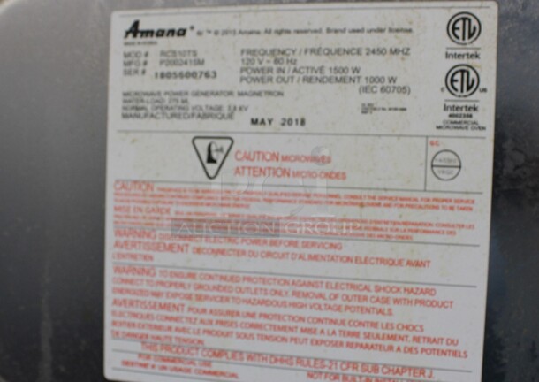 Amana Model RCS10TS Stainless Steel Commercial Countertop Microwave Oven. 120 Volts, 1 Phase. 22x17x14 - Image 5 of 5
