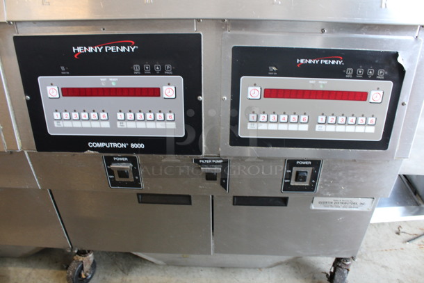Henny Penny Model OFG-322 ENERGY STAR Stainless Steel Commercial Propane Gas Powered 4 Bay Deep Fat Fryer w/ 2 Metal Fry Baskets and Filtration System on Commercial Casters. 170,000 BTU. 67x33.5x44 - Image 6 of 10