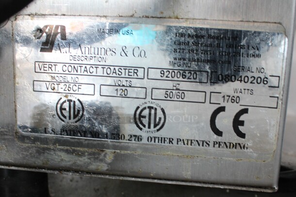 Aj Antunes Model VCT-25CF Stainless Steel Commercial Countertop Vertical Contact Toaster. 120 Volts, 1 Phase. 20x14x23. Tested and Working! - Image 5 of 6