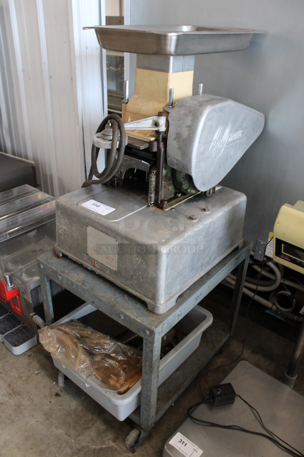 Hollymatic Metal Commercial Countertop Patty Former w/ Bin of Extra Pieces on Metal Stand w/ Commercial Casters. 115 Volts, 1 Phase. 20x30x53. Tested and Working! - Image 2 of 9