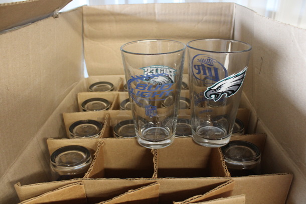 16 Beverage Glasses w/ Various Logos. 3.5x3.5x6. 16 Times Your Bid!