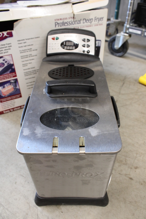 IN ORIGINAL BOX! Euro Pro X Chrome Finish Countertop Fryer w/ Fry Basket and Lid. 8x15x10