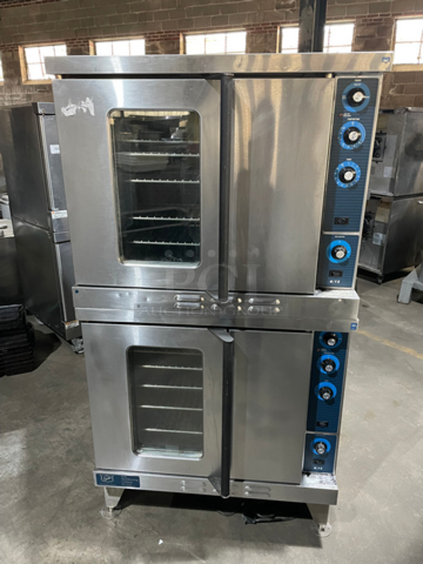 NICE! Duke Double Stacked Natural Gas Powered Heavy Duty Convection Oven! 6/13 Edition! With One View Through Door & One Solid Door! With Metal Racks! All Stainless Steel! On Legs! 2 X Your Bid! Makes One Unit!