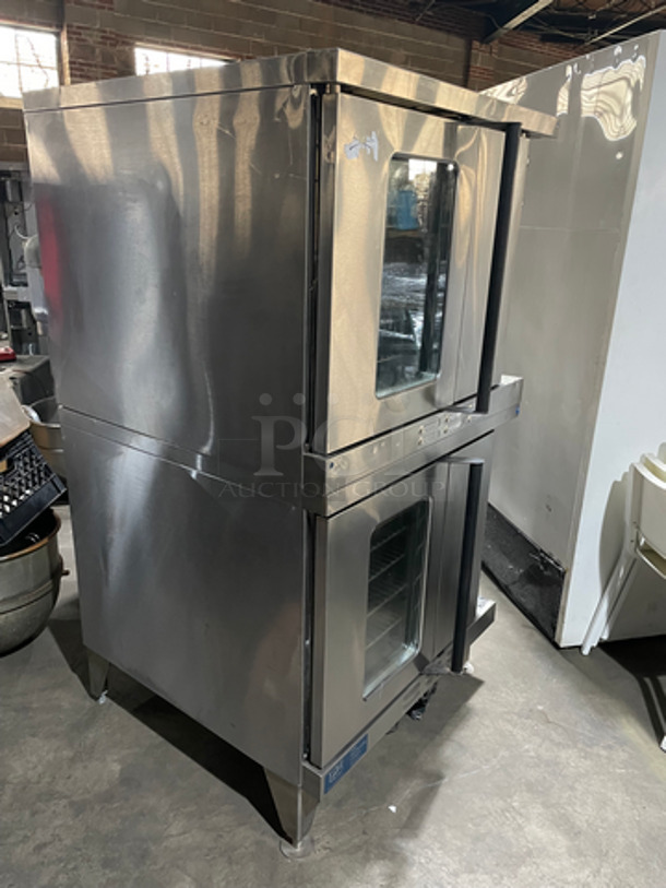 NICE! Duke Double Stacked Natural Gas Powered Heavy Duty Convection Oven! 6/13 Edition! With One View Through Door & One Solid Door! With Metal Racks! All Stainless Steel! On Legs! 2 X Your Bid! Makes One Unit! - Image 2 of 12