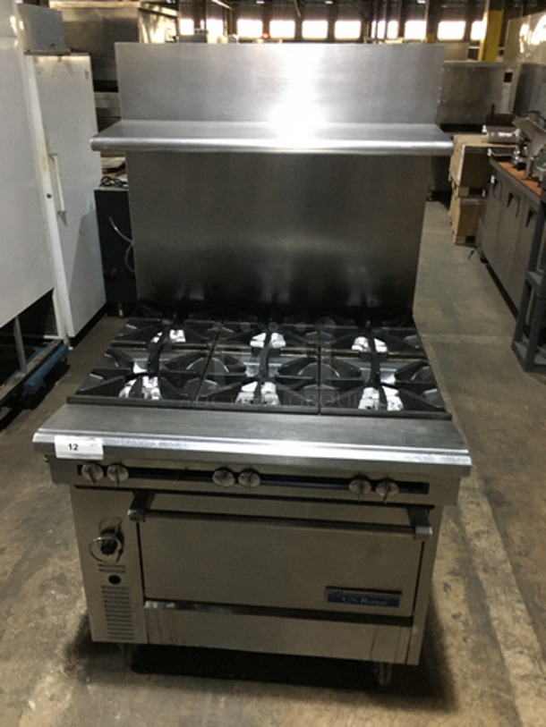 Sweet! US Range Heavy Duty Commercial 6 Burner Stove! With Full Size Oven! With Raised Back Splash & Salamander Shelf! On Commercial Casters!