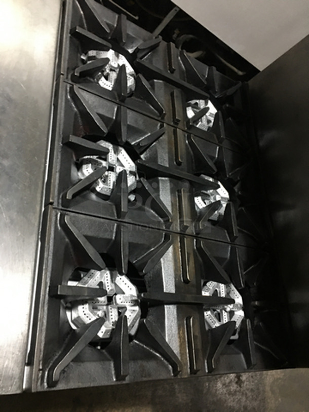 Sweet! US Range Heavy Duty Commercial 6 Burner Stove! With Full Size Oven! With Raised Back Splash & Salamander Shelf! On Commercial Casters! - Image 5 of 10