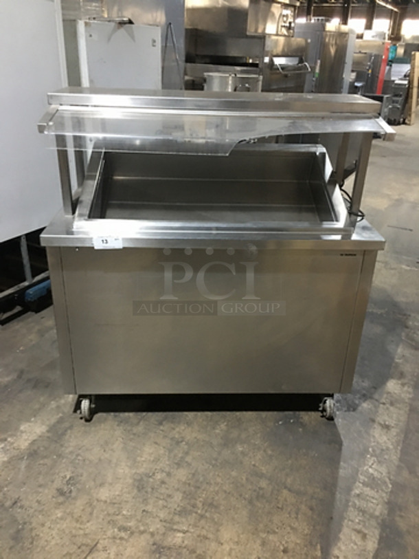 Delfield Commercial Cold Pan/Fresh Fish Display Case/Salad Bar Island/Sandwich Prep Combo! With Overhead Sneeze Guard! With 2 Storage Shelves! Model KCSC50NU! 115V 1Phase! On Casters!