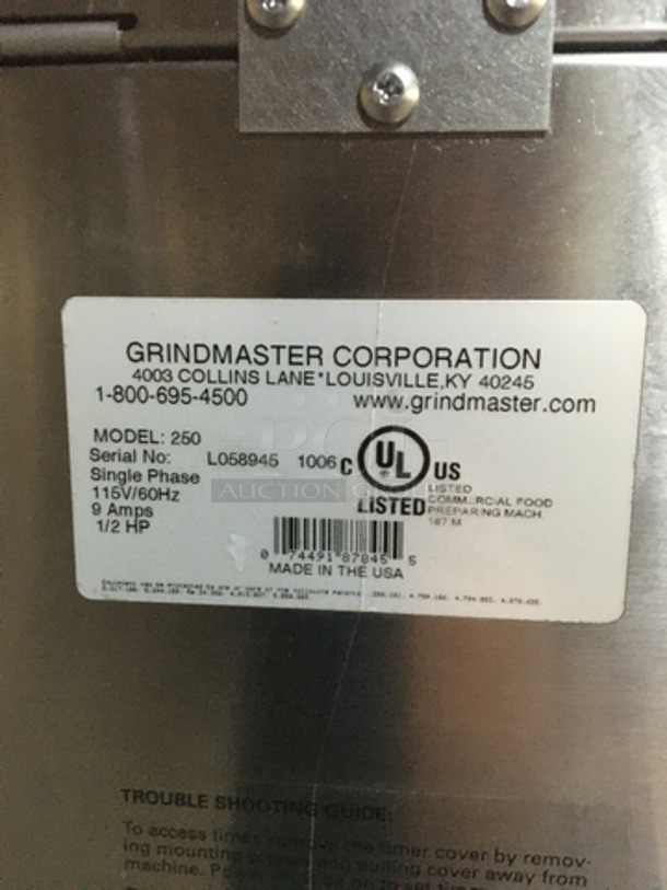 Sweet! Grindmaster Dual Bin Coffee Bean Grinder! Model 250 Serial L058945! 115V 1Phase!
 - Image 5 of 9