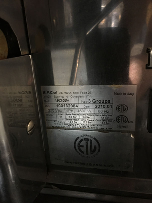 AMAZING! 2010 Danesi 3 Group Counter Top Espresso Machine! Model IR3GE Serial 100132984! 220V 1Phase! - Image 8 of 9