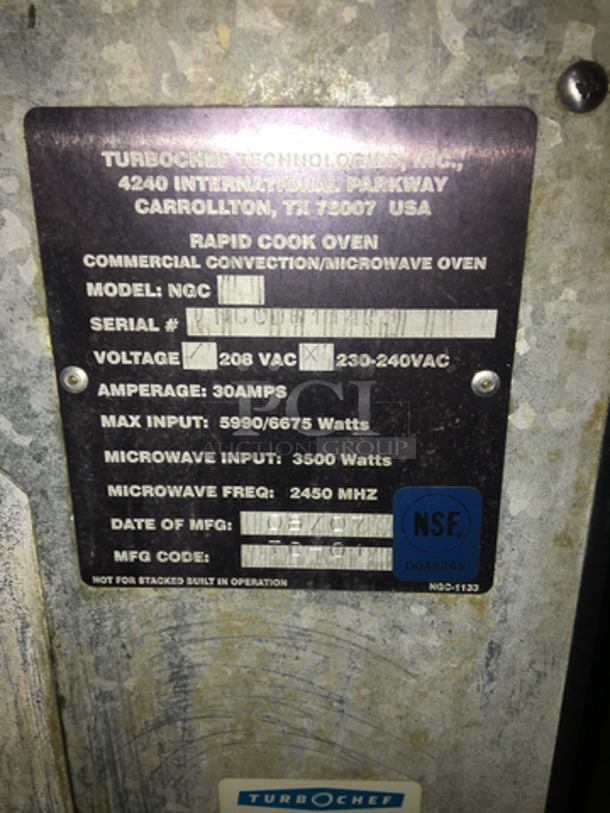 2008 Turbo Chef Counter Top Rapid Speed Oven! All Stainless Steel! Model NGC Serial NGCD611425! 208/230/240V! - Image 8 of 9