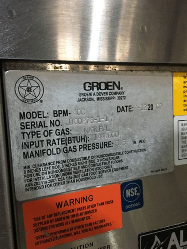 Groen Commercial Natural Gas Powered 40 Gallon Tilting Skillet! All Stainless Steel! Model BPM40G Serial J10027611! On Legs! - Image 8 of 9