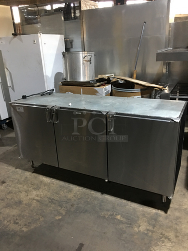 Glastender Commercial Refrigerated 3 Door Bar Back! All Stainless Steel! Model LP72L6SN Serial 404169479N! 120V 1Phase! Remote Compressor/No Compressor! On Legs!