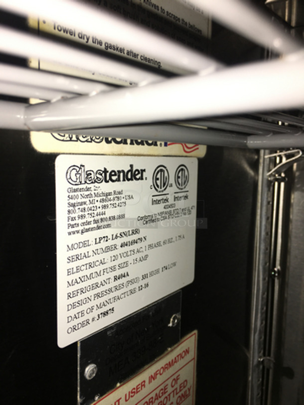 Glastender Commercial Refrigerated 3 Door Bar Back! All Stainless Steel! Model LP72L6SN Serial 404169479N! 120V 1Phase! Remote Compressor/No Compressor! On Legs! - Image 8 of 9