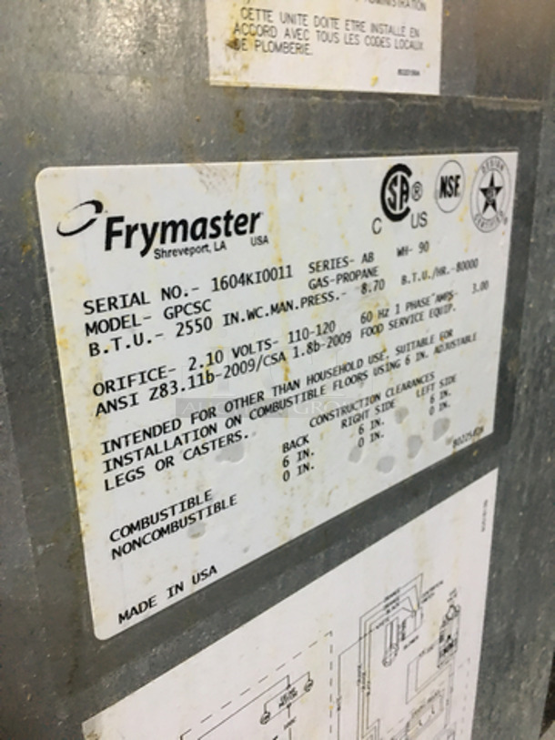 Frymaster Commercial LP Gas Powered Pasta Cooker! With Backsplash! All Stainless Steel! On Casters! Model GPCSC Serial 1604KI0011! 110/120V 1Phase! - Image 8 of 9