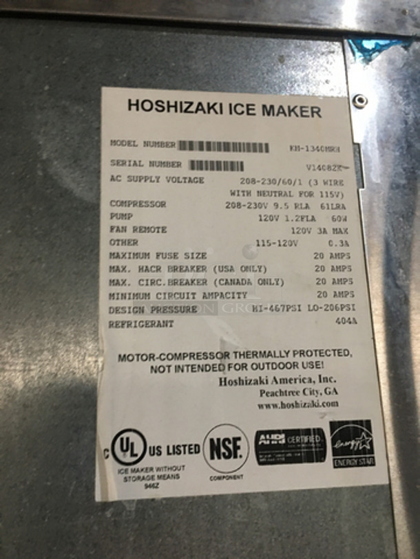 Hoshizaki Stainless Steel Commercial Ice Making Machine! With Ice Bin! Model KM1340MRH Serial V14082K! 208/230V 1Phase! 2 X Your Bid! Makes One Unit! - Image 7 of 9