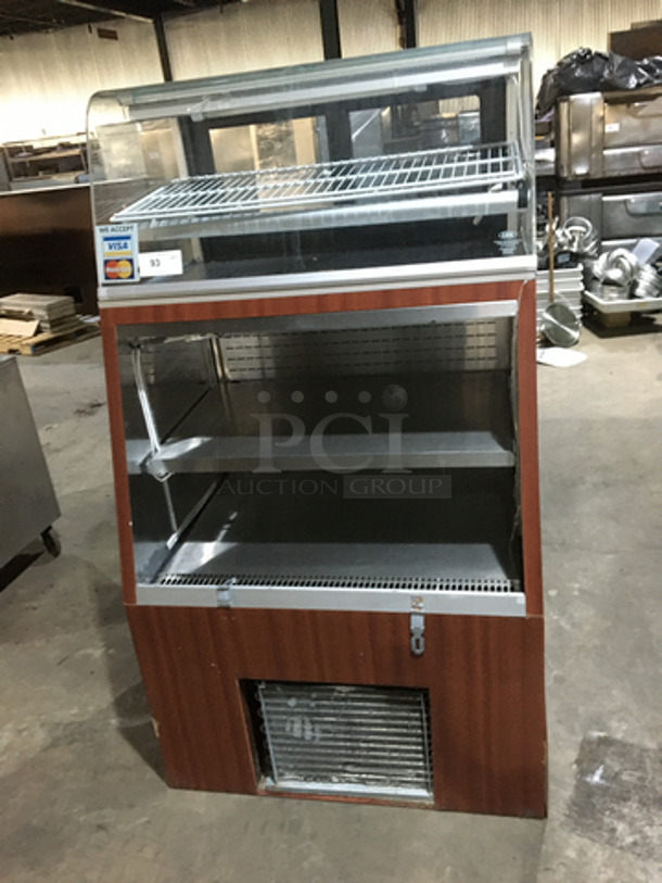 NICE! Wooden Style Open Grab-N-Go Display Case! With Enclosed Curved Glass Showcase On Top! With Sliding Back Access Doors!