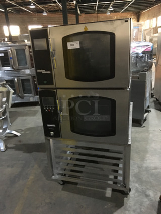 Belshaw Adamatic Commercial Electric Powered Dual Combi Oven! With View Through Doors! With Pan Racks Underneath! All Stainless Steel! Model FG189UZ84 Serial 2000003710FA032620! 2 X Your Bid! Makes One Unit! On Casters!