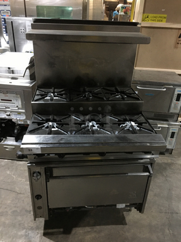 Jade Range All Stainless Steel Natural Gas Powered 6 Burner Split Level Stove! With Backsplash & Overhead Salamander Shelf! With Full Size Oven Underneath! On Legs! - Image 1 of 10