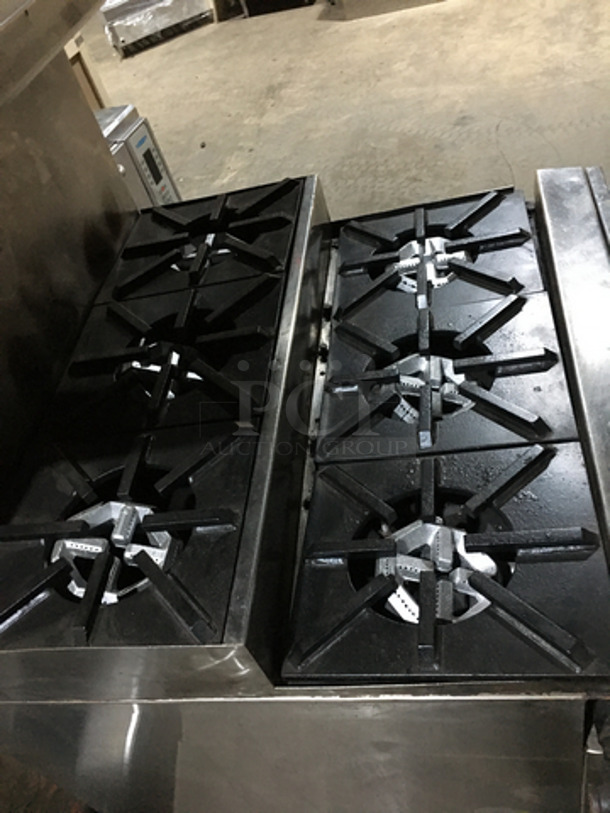 Jade Range All Stainless Steel Natural Gas Powered 6 Burner Split Level Stove! With Backsplash & Overhead Salamander Shelf! With Full Size Oven Underneath! On Legs! - Image 5 of 10