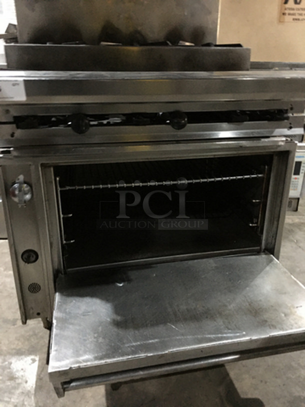 Jade Range All Stainless Steel Natural Gas Powered 6 Burner Split Level Stove! With Backsplash & Overhead Salamander Shelf! With Full Size Oven Underneath! On Legs! - Image 7 of 10