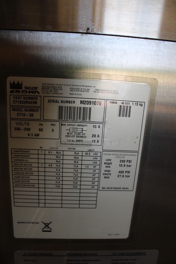 SWEET! 2012 Taylor Model C713-33 Stainless Steel Commercial Floor Style Water Cooled 2 Flavor w/ Twist Soft Serve Ice Cream Machine on Commercial Casters. 208-230 Volts, 3 Phase. 25.5x37x60 - Image 8 of 10