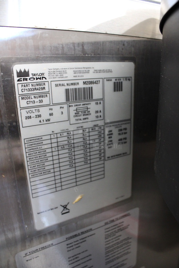 SWEET! 2012 Taylor Model C713-33 Stainless Steel Commercial Floor Style Water Cooled 2 Flavor w/ Twist Soft Serve Ice Cream Machine on Commercial Casters. 208-230 Volts, 3 Phase. 25.5x37x60 - Image 10 of 11