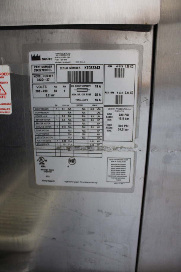 Taylor Model 342D-27 Stainless Steel Commercial Floor Style Air Cooled 2 Flavor Frozen Beverage Machine w/ Drink Mixer Attachment on Commercial Casters. 208-230 Volts, 1 Phase. 26x34x60 - Image 7 of 8
