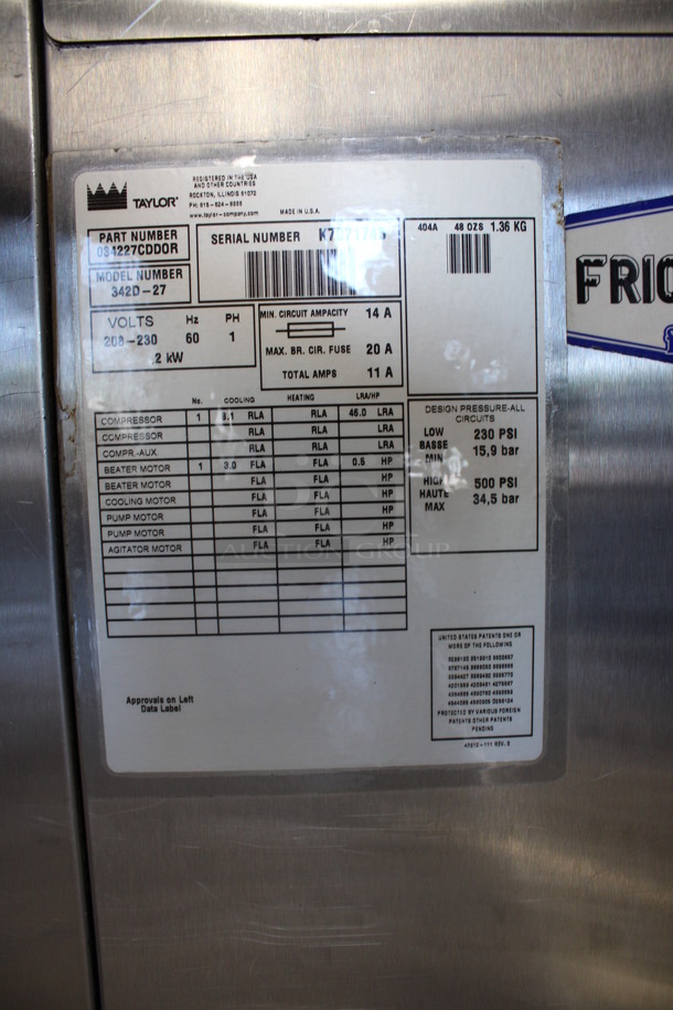 Taylor Model 342D-27 Stainless Steel Commercial Floor Style Air Cooled 2 Flavor Frozen Beverage Machine w/ Drink Mixer Attachment on Commercial Casters. 208-230 Volts, 1 Phase. 26x34x60 - Image 7 of 7