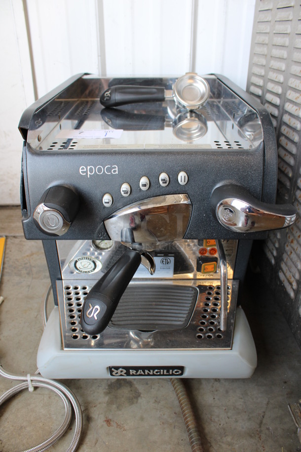 Rancilio Epoca Stainless Steel Commercial Countertop Single Group Espresso Machine w/ 2 Portafilters and Steam Wand. 115 Volts, 1 Phase. 14x23x20