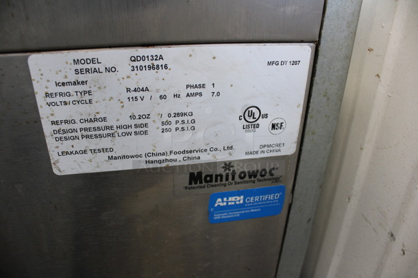 2012 Manitowoc Model QD0132A Stainless Steel Commercial Air Cooled Self Contained Ice Machine. 115 Volts, 1 Phase. 26x25x37 - Image 7 of 7