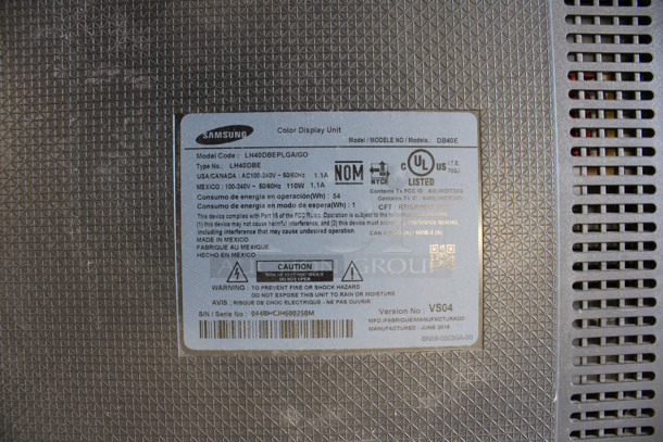 Samsung Model DB40E 40" Color Display Monitor w/ Mount and Remote. 100-240 Volts, 1 Phase. Buyer Must Pick Up - We Will Not Ship This Item. Tested and Working! - Image 8 of 9