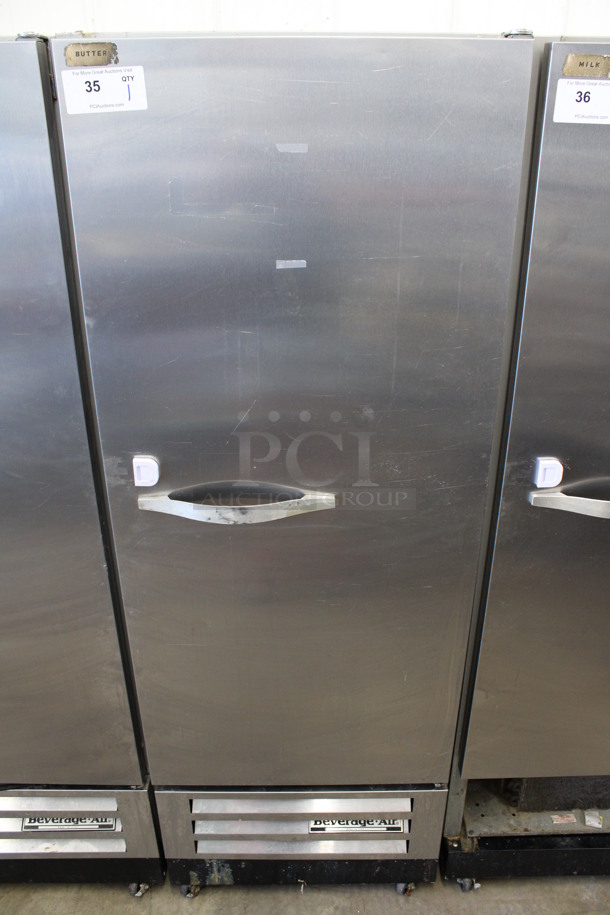 Beverage Air Model KR12-1AS Stainless Steel Commercial Single Door Reach In Cooler w/ Poly Coated Racks on Commercial Casters. 115 Volts, 1 Phase. 24x25x67. Tested and Powers On But Does Not Get Cold - Image 1 of 6